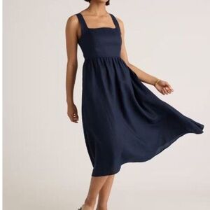 Quince Women's 100% European Linen Fit & Flare Midi Dress Navy S sleeveless